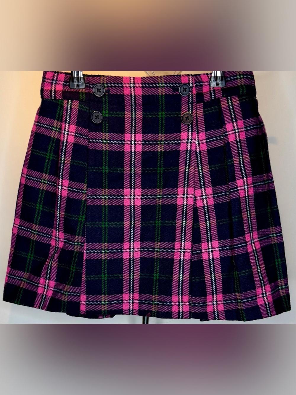Mini Boden The Kilt Navy Pink Plaid Wool-Blend Pleated Skirt